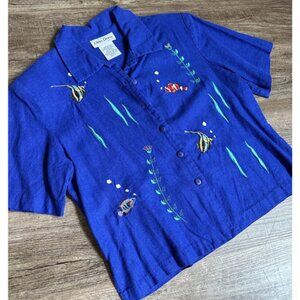 Ultra Dress VINTAGE Linen Blend Royal Blue Embroidered Fish Top, Size 14